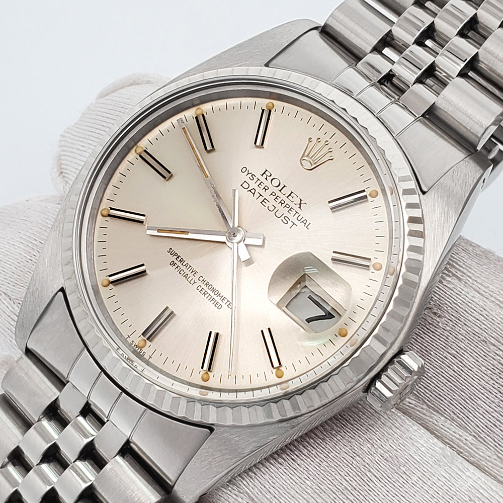 Rolex Datejust 36mm Silver Index Dial White Gold Fluted Steel Jubilee Watch 16014