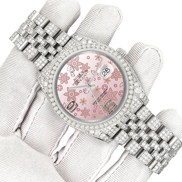 Rolex Datejust 36mm Pink Floral Dial Pave 10.2ct Iced Diamond Jubilee Watch 116200 Box Papers