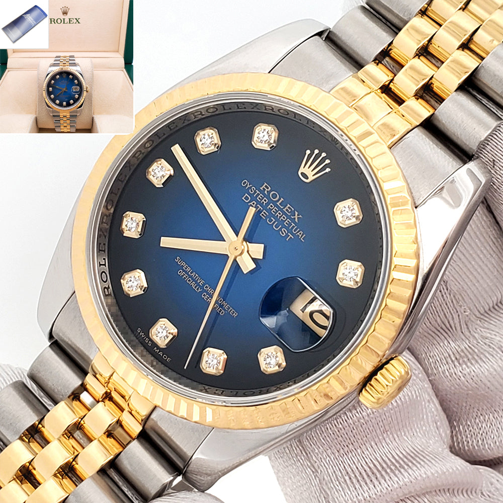 Rolex Datejust Factory Blue Vignette Diamond Dial 2-tone Yellow Gold/Steel Jubilee 36mm Watch 116233 Box/Apr
