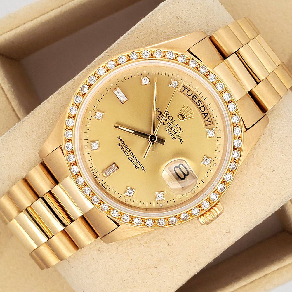 Rolex President Day-Date 36mm Factory Diamond Dial/Custom Bezel Gold Watch 18038