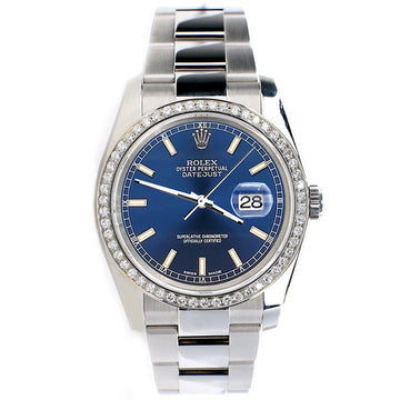 Rolex Datejust 36MM Blue Index Dial Steel Oyster Watch with Custom VS1 Diamond Bezel 116200