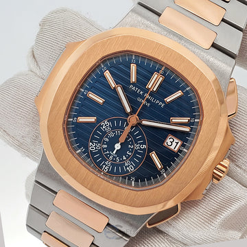 Patek Philippe Nautilus Chronograph 40.5mm 5980/1AR-001 Blue Dial 2-Tone Rose Gold/Steel Watch 2017 Box Papers