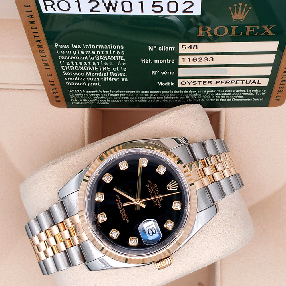 Rolex Datejust 36mm Factory Black Diamond 2-Tone Yellow Gold/Steel Jubilee Watch 116233 Box Papers