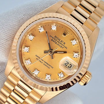 Rolex President Ladies 26mm Factory Champagne Diamond Dial Yellow Gold Watch 69178 Box Papers