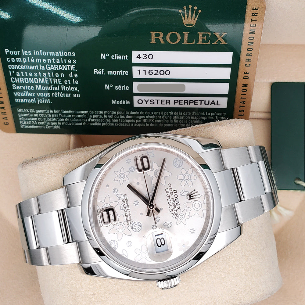 Rolex Datejust 36mm Silver Floral Dial Steel Oyster Watch 116200 Box Papers