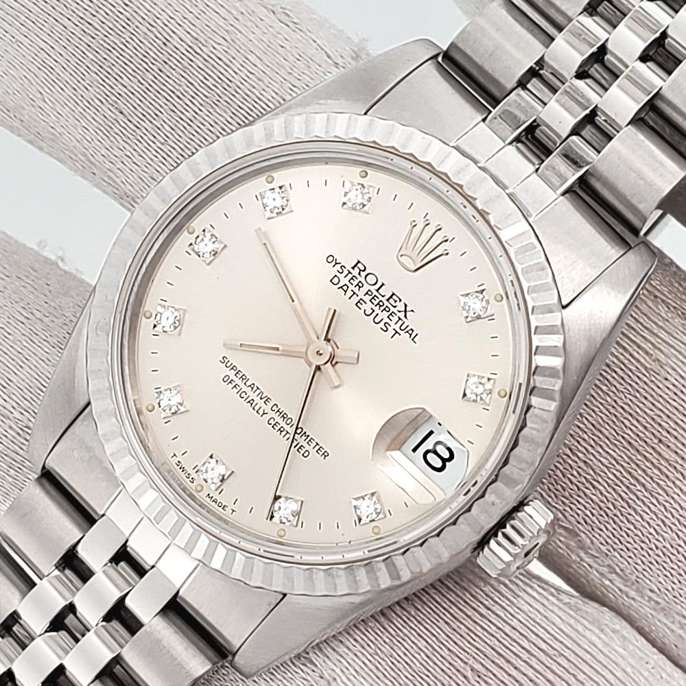 Rolex Datejust 31mm Factory Silver Diamond Dial White Gold Fluted Bezel Steel Jubilee Watch 68274