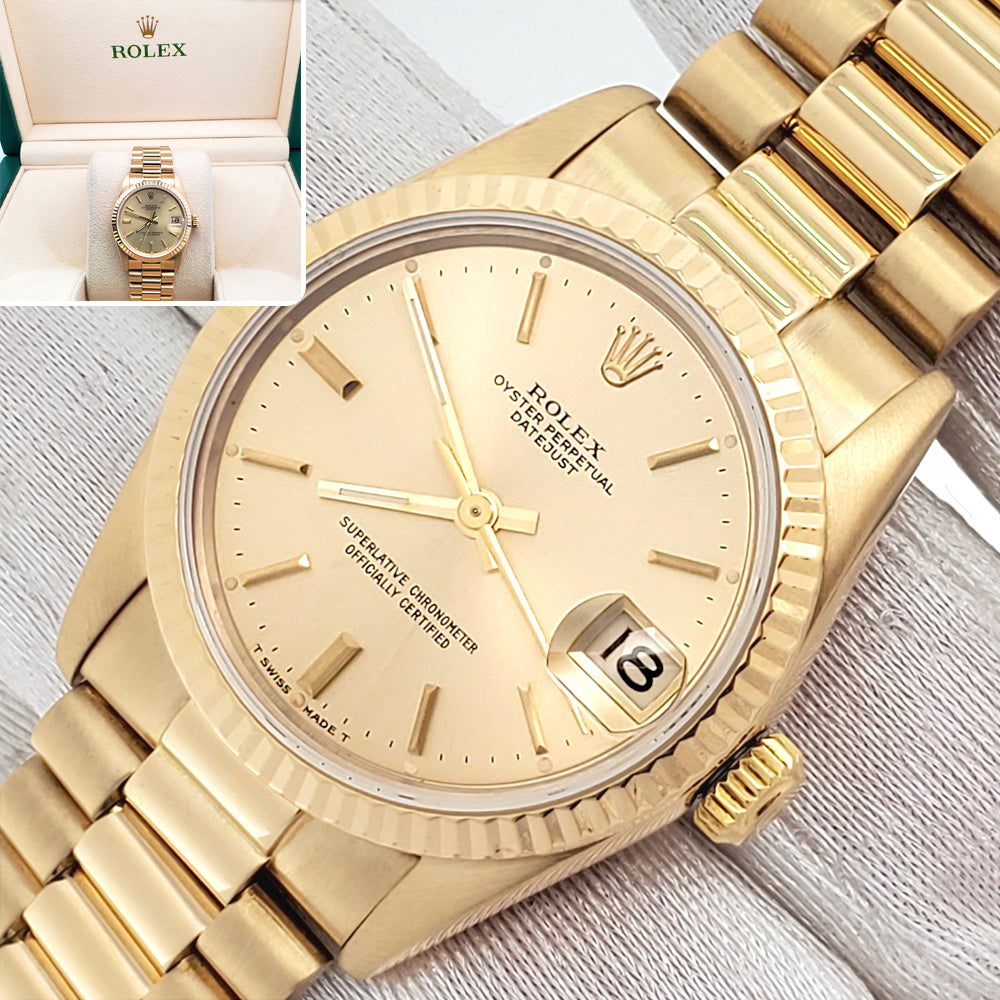 Rolex President Datejust 31mm Champagne Index Dial Yellow Gold Watch 68278