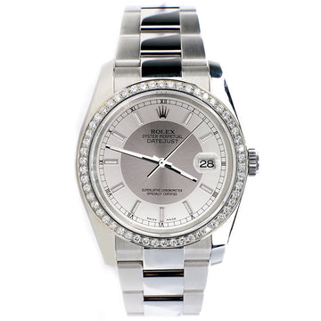 Rolex Datejust 36mm Silver Tuxedo Dial Oyster Watch with custom VS1 Diamond Bezel 116200