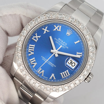 Rolex Datejust II 41mm 3.8ct Diamond Bezel/Blue Roman Dial Steel Watch 116300 Box Papers