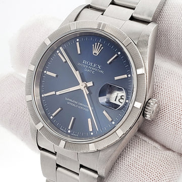 Rolex Date 34mm Blue Index Dial Engine Turned Bezel Steel Oyster Watch 15210