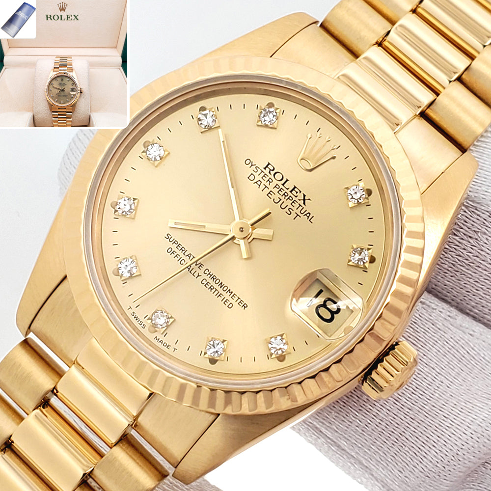 Rolex President Datejust 31mm Factory Champagne Diamond Yellow Gold Watch 68278