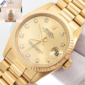 Rolex President Datejust 31mm Factory Champagne Diamond Yellow Gold Watch 68278