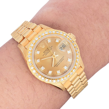 Rolex President Datejust 26mm Factory Champagne Diamond Dial Yellow Gold Watch 69178