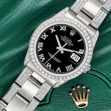 Rolex Datejust Midsize 31mm Black Roman Dial 3.5ct Diamond Bezel/Lugs/Bracelet Oyster Watch