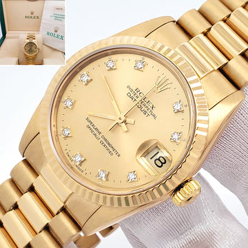 Rolex President Datejust 31mm Factory Champagne Diamond Yellow Gold Watch 68278 Box Papers