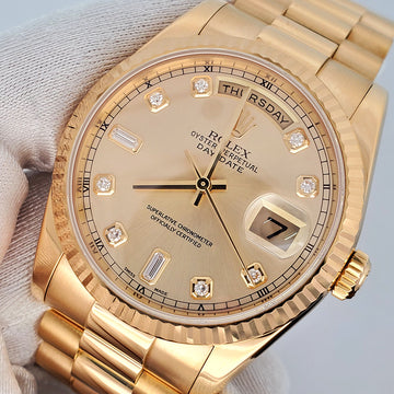 Rolex President Day-Date 36mm Factory Champagne Diamond Dial Yellow Gold Watch 118238