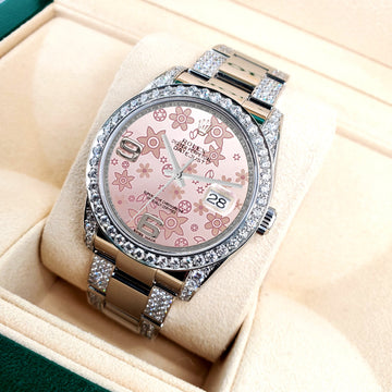 Rolex Datejust 36mm 5.9ct Diamond Bezel/Lugs/Bracelet/Pink Floral Dial Steel Watch 116200 Box Papers