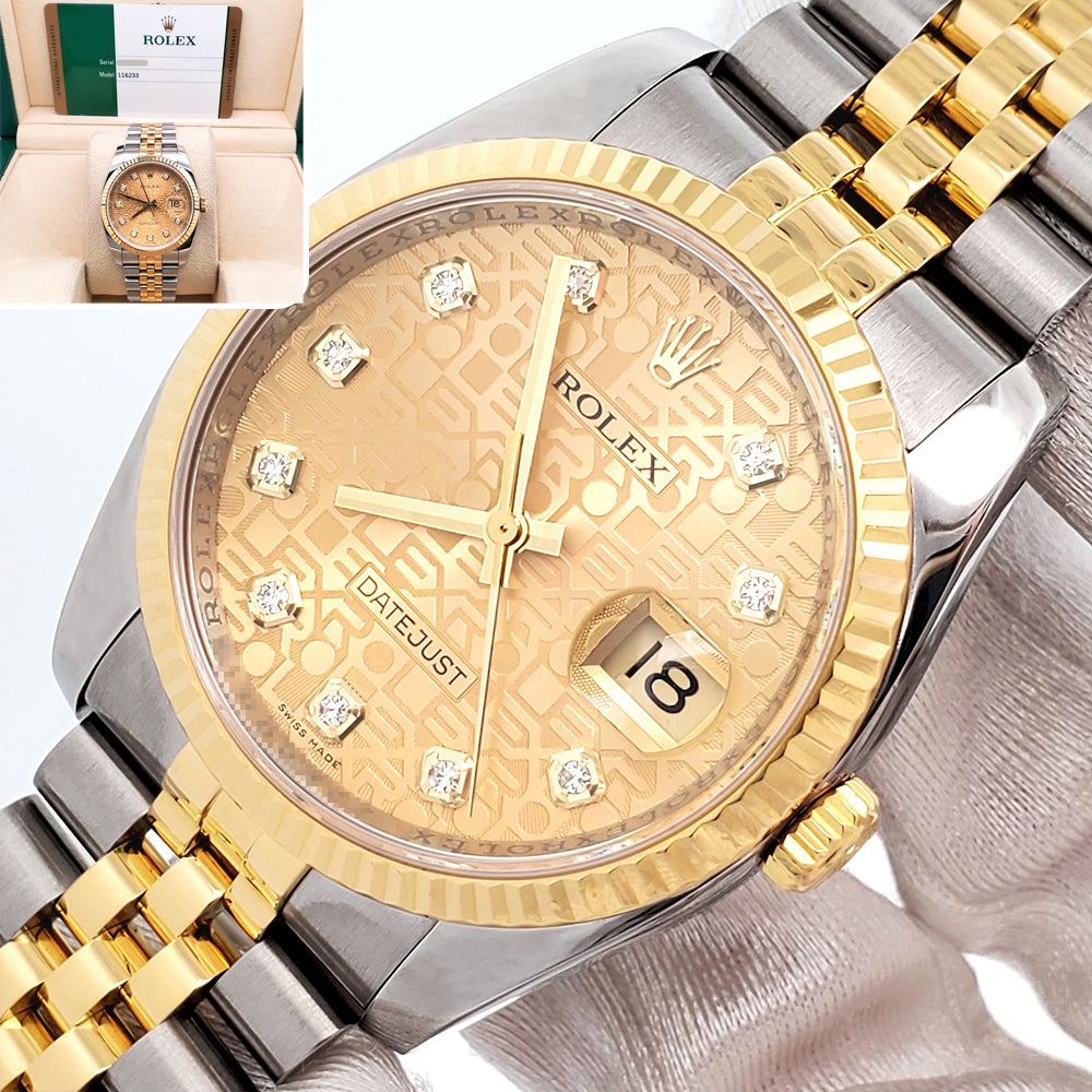 2016 Rolex Datejust 36mm 116233 Factory Champagne Jubilee Diamond 2-tone Yellow Gold/Steel Jubilee Watch Box Papers