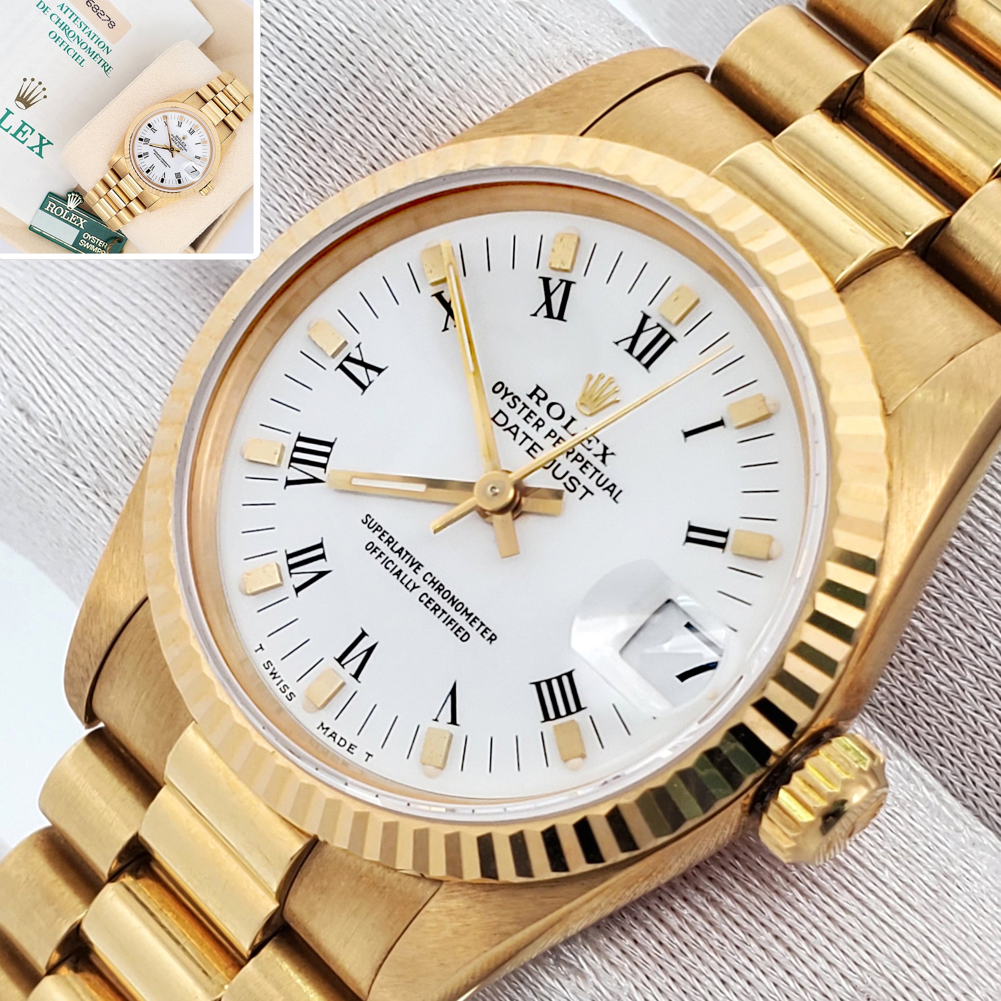 Rolex President White Roman 31mm Yellow Gold 68278 Watch Box Papers