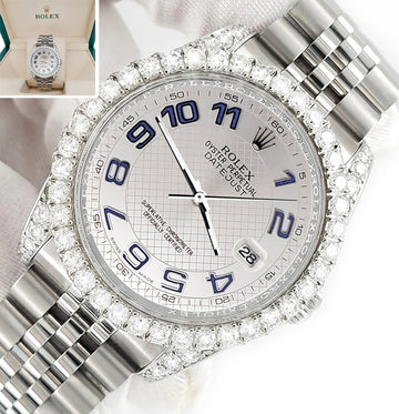 Rolex Datejust 116200 36mm 3.9CT Diamond Bezel/Lugs/Silver Decorated Blue Arabic Dial Steel Watch