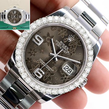 Rolex Datejust 116200 36mm 2.7ct Diamond Bezel/ Rhodium Floral Dial Steel Oyster Watch
