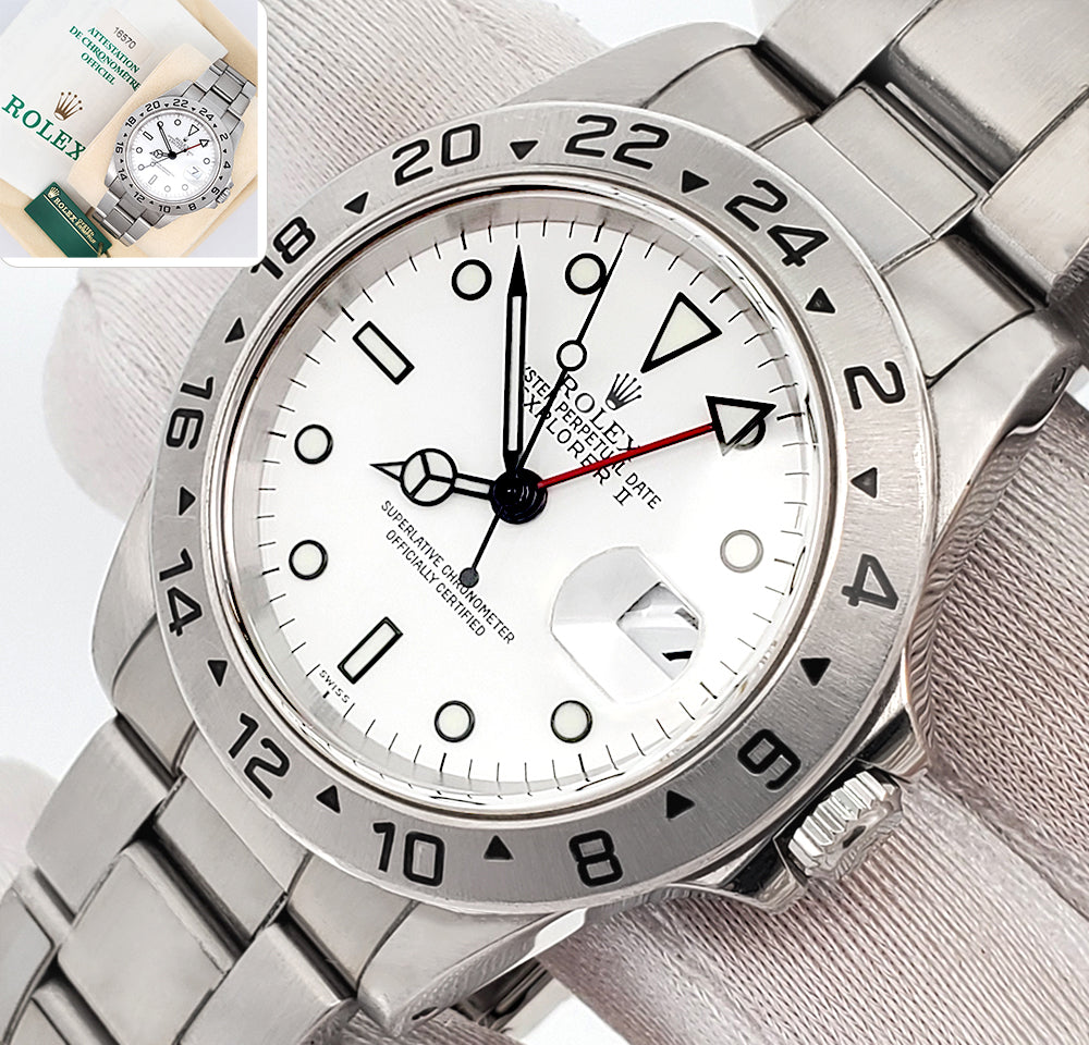 Stickered Rolex Explorer II 40mm Polar White Steel Oyster Watch 16570 Box Papers