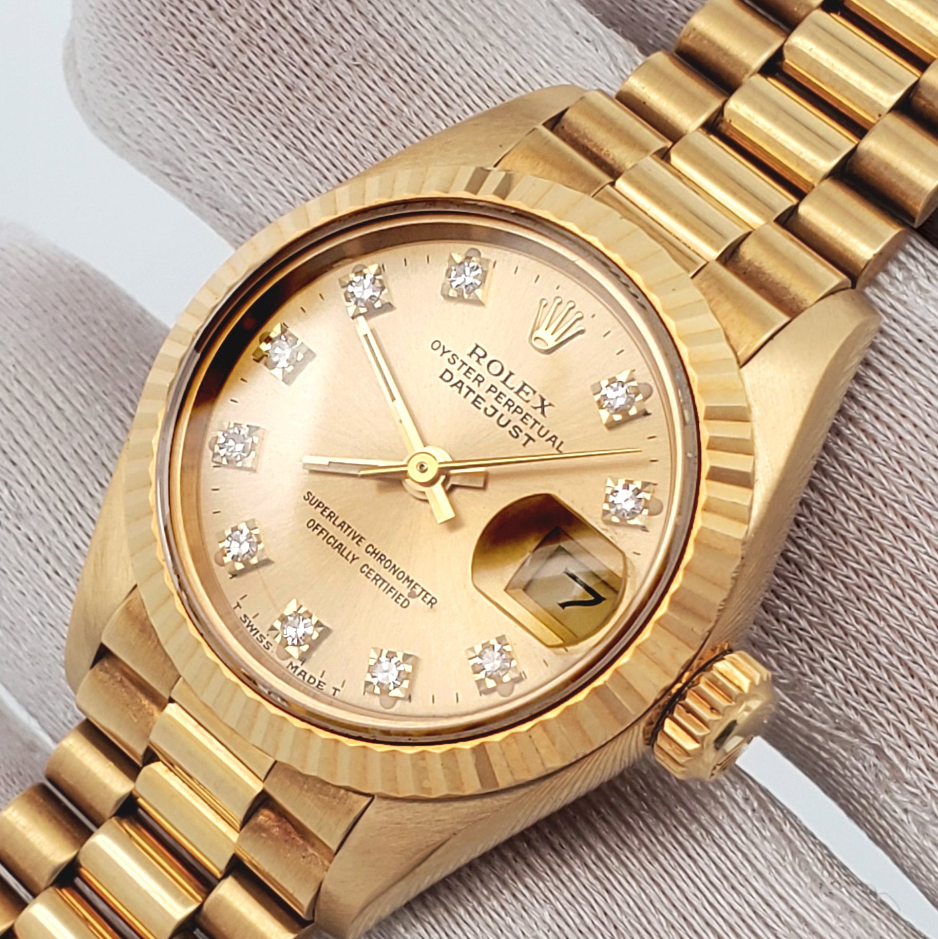 Rolex President Ladies 26mm Factory Champagne Diamond Dial Yellow Gold Watch 69178