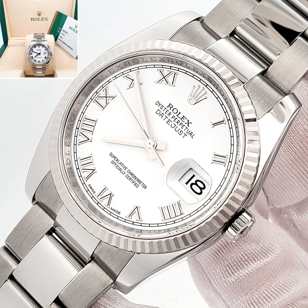 Rolex Datejust 36mm White Roman Dial White Gold Fluted Bezel Steel Oyster Watch 116234 Box Papers