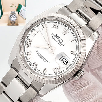Rolex Datejust 36mm White Roman Dial White Gold Fluted Bezel Steel Oyster Watch 116234 Box Papers