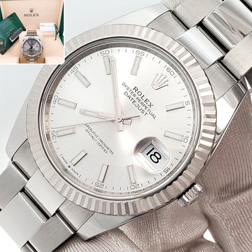 Rolex Datejust 41 Silver Index White Gold Fluted Bezel Oyster Steel Watch 126334 Box/Papers/Tag