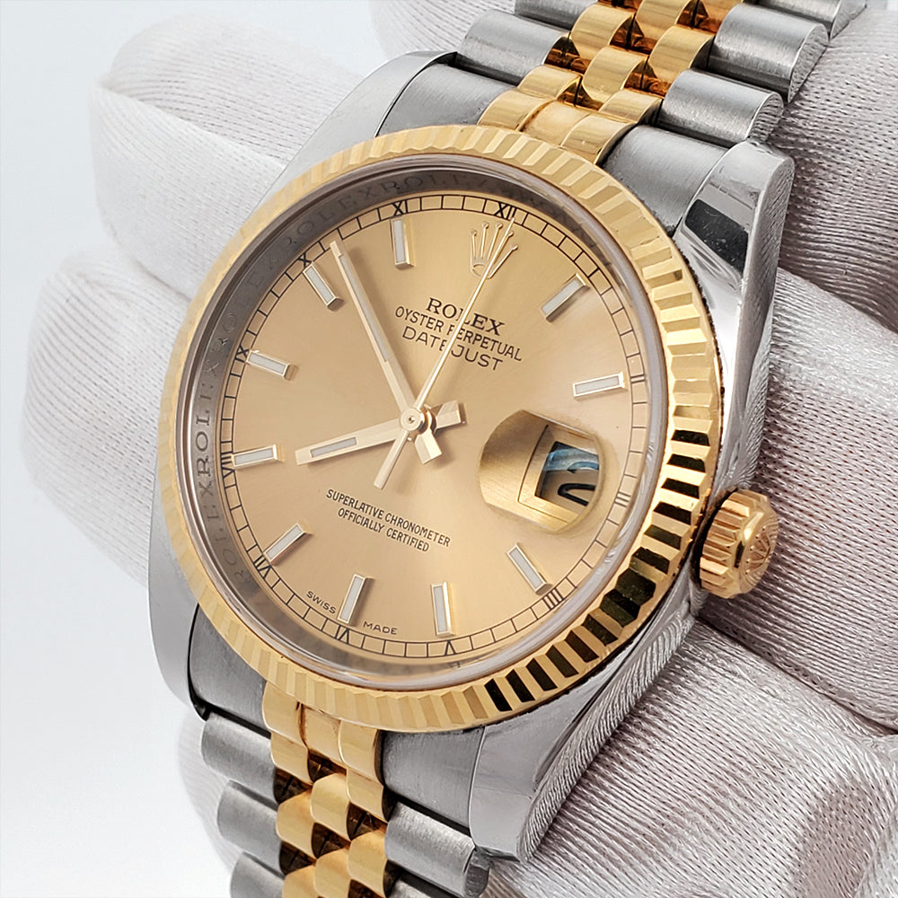 Upgrade your style with timeless sophistication. The Rolex Datejust 36mm boasts a champagne dial, gold & steel on a Jubilee bracelet. Shop today!