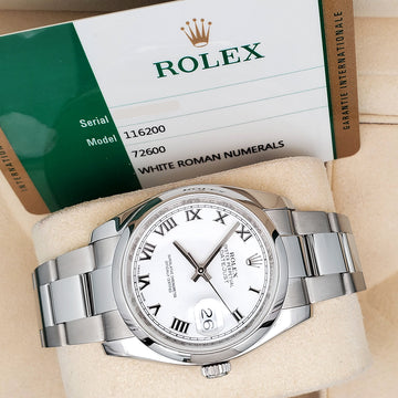 Rolex Datejust 36mm White Roman Oyster Steel Watch 116200 Box Papers