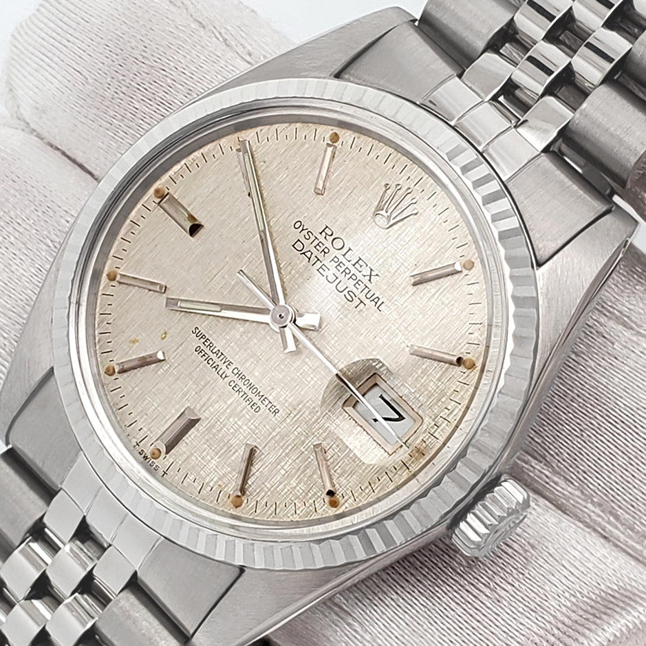 Rolex Datejust 36mm Silver Linen Dial White Gold Fluted Steel Jubilee Watch 16014