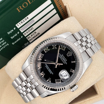 Rolex Datejust 36mm Black Roman White Gold Fluted Bezel Steel Jubilee Watch 116234 Box Papers