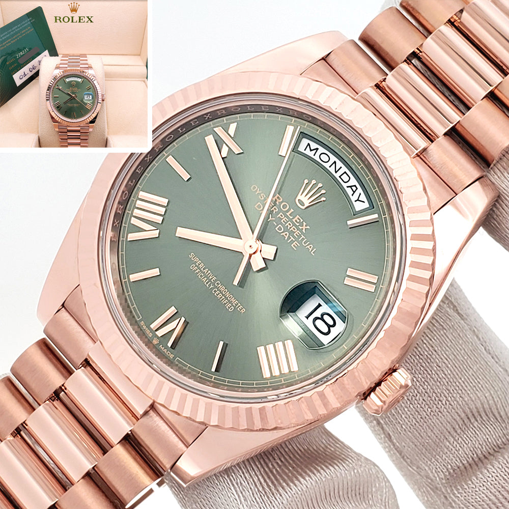 2023 Rolex Day-Date 228235 Rose Gold Fluted Bezel Olive Green Bevelled Roman Dial 40mm Watch Box Papers