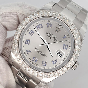 Rolex Datejust II 41mm 3.8ct Diamond Bezel/Silver Arabic Dial Steel Watch 116300 Box Papers