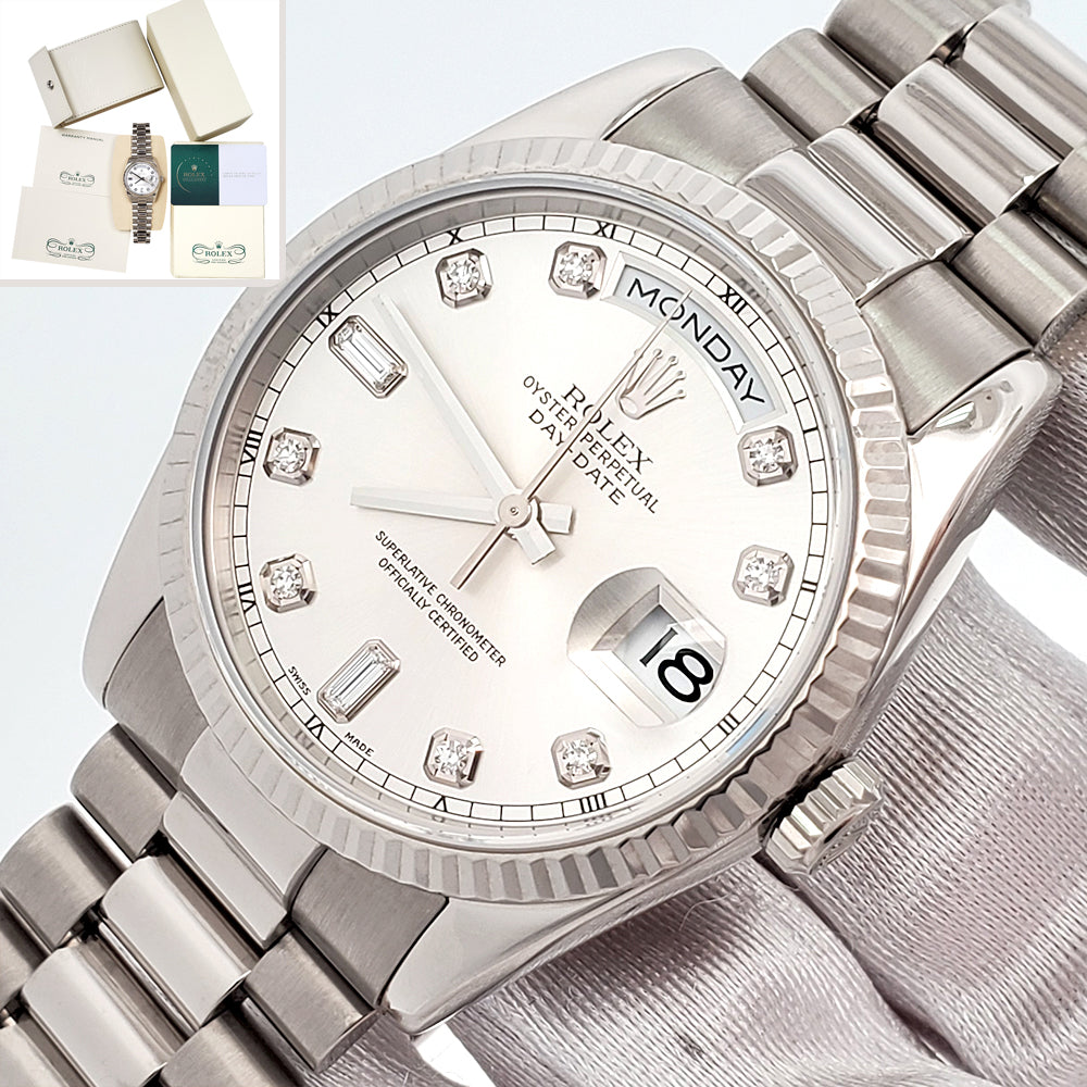 Certified Rolex President Day-Date 36mm 118239 Factory Silver Diamond Dial White Gold Watch Box Papers