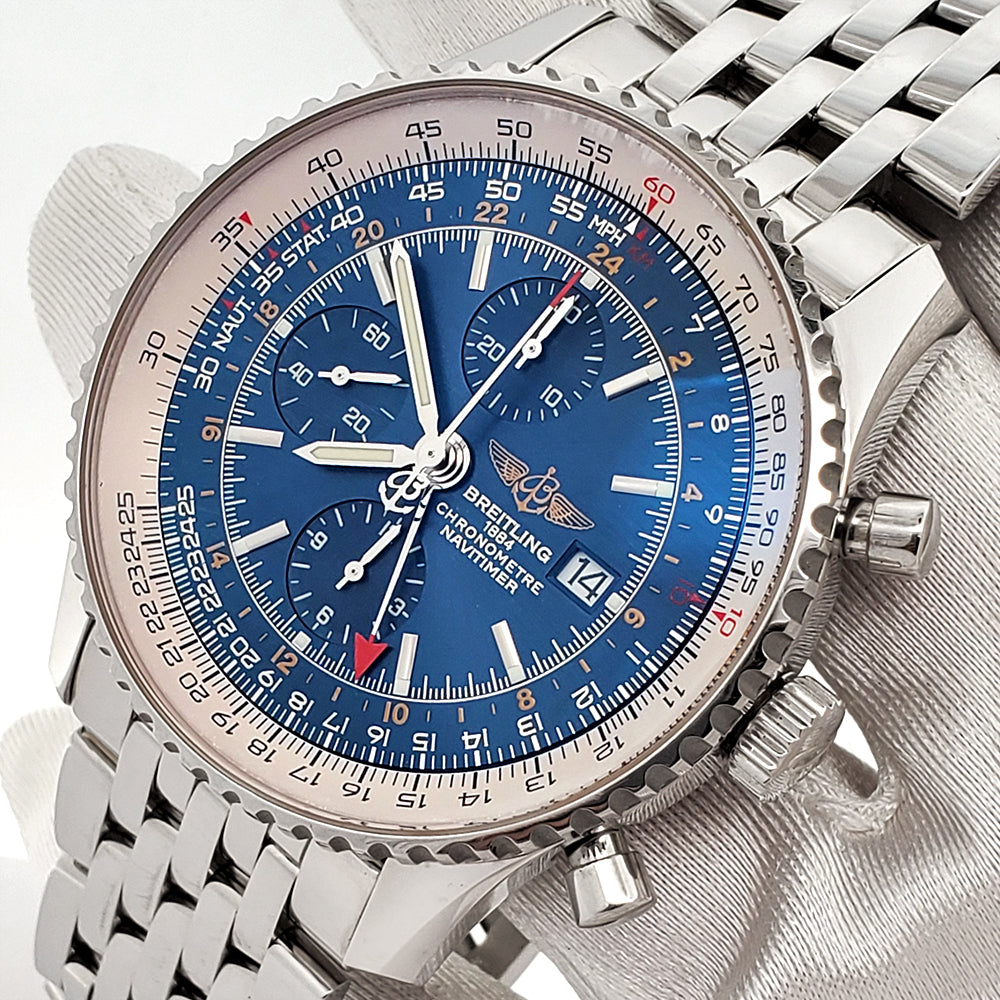 Breitling Navitimer Blue Dial World 46mm Chronograph GMT Steel Watch A24322 Box Papers