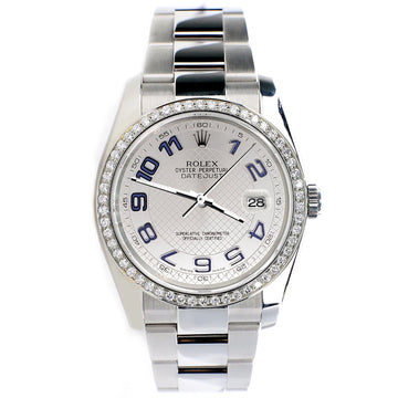 Rolex Datejust 36mm Silver Decorated Blue Arabic Dial Oyster Watch with custom VS1 Diamond Bezel 116200