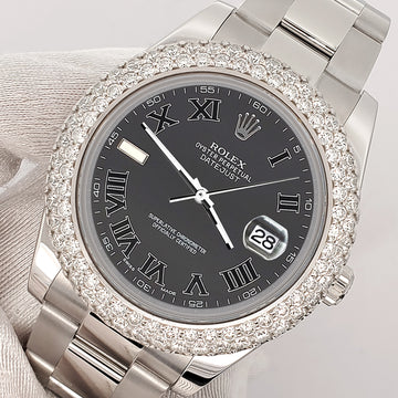 Rolex Datejust II 41mm 6.25ct Dome Diamond Bezel/Rhodium Gray Roman Dial Steel Watch 116300 Box Papers