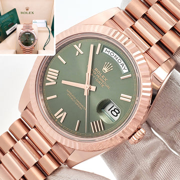 2024 Rolex Day-Date 228235 Rose Gold Fluted Bezel Olive Green Bevelled Roman Dial 40mm Watch Box/Papers/Tag