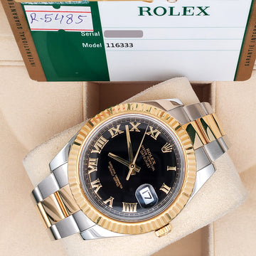 Rolex Datejust II 41mm Black Roman Dial 2-Tone 18K Yellow Gold/Stainless Steel Watch 116333 Box Papers