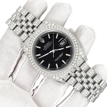 Rolex Datejust 36mm Pave 10.2ct Iced Diamond Black Index Dial Jubilee Watch 116200 Box Papers