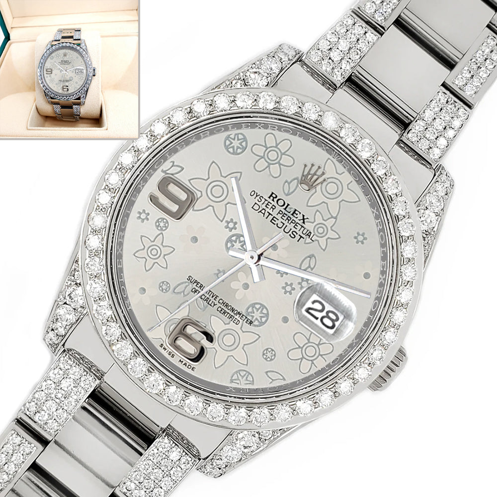 Rolex Datejust 36mm 5.9ct Diamond Bezel/Lugs/Bracelet/Silver Floral Dial Steel Watch 116200 Box Papers