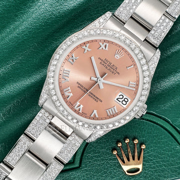 Rolex Datejust Midsize 31mm Salmon Roman Dial 3.5ct Diamond Bezel/Lugs/Bracelet Oyster Watch