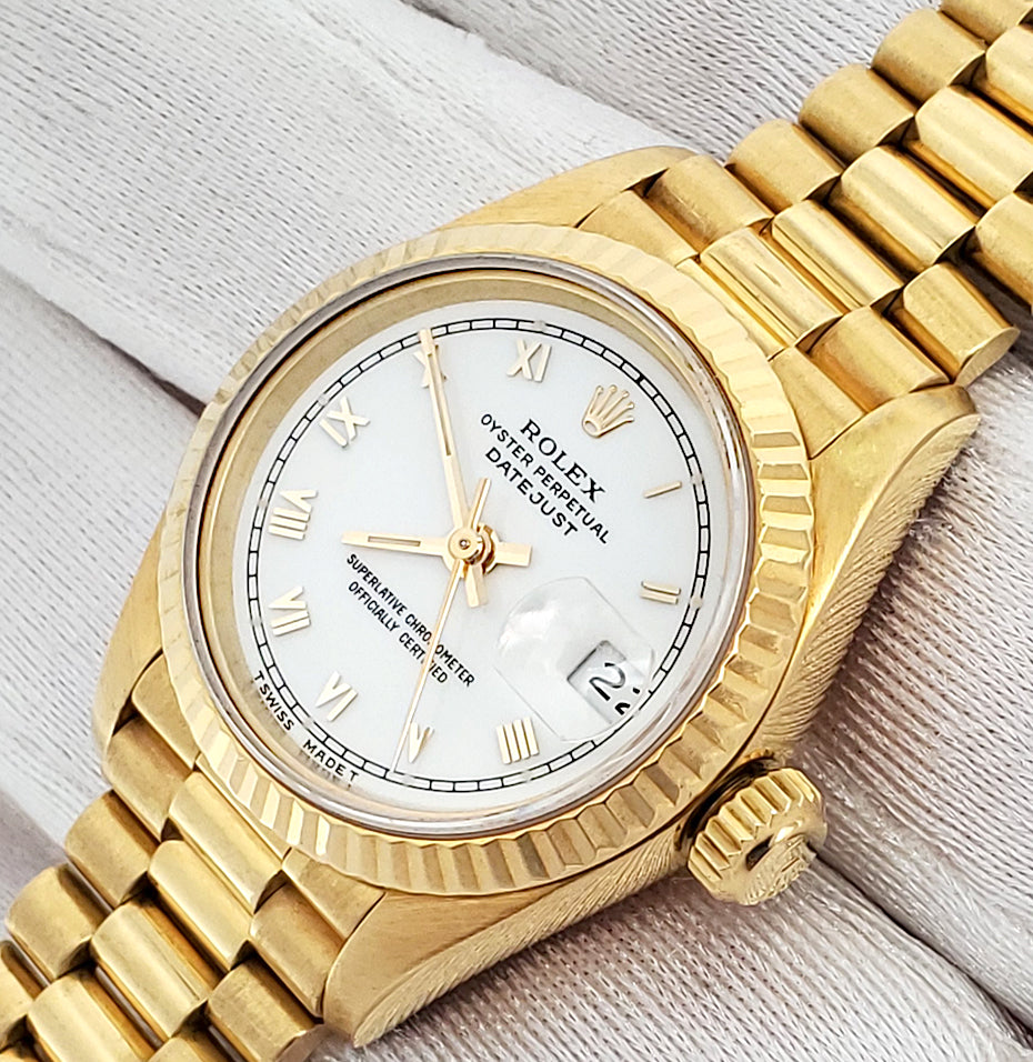 Rolex President Ladies Datejust 26mm White Roman Yellow Gold Watch 69178