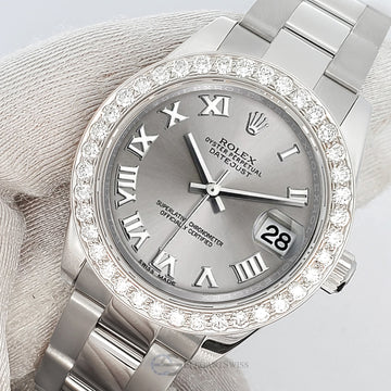 Rolex Datejust Midsize 31mm Sliver Roman Dial 1.6ct 178240 Diamond Bezel Watch