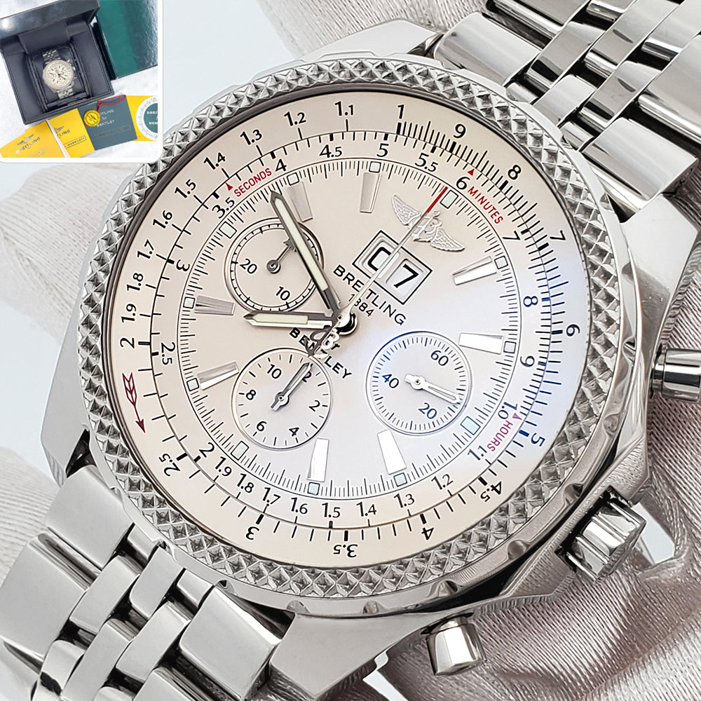 Breitling Bentley 6.75 Chronograph Ivory Dial Big Date 49mm Steel Watch A44362 Box Papers