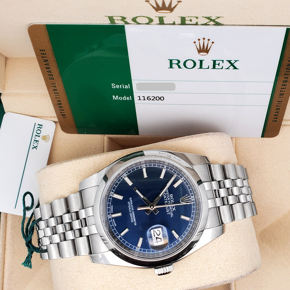 Rolex Datejust 36mm Blue Index Steel Jubilee Watch 116200 Box Papers