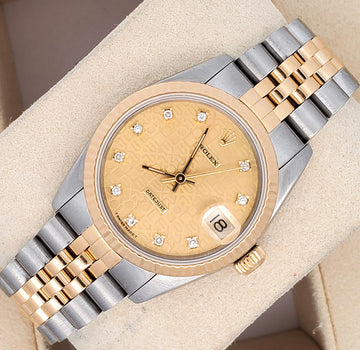 Rolex Datejust 31mm Factory Champagne Jubilee Diamond Dial Yellow Gold Fluted Bezel Watch 68273